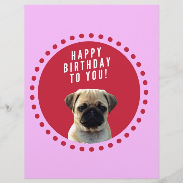 Cute Pug Puppy Dog Happy Birthday Red Dots Pink Custom Letterhead (Front)