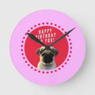 Cute Pug Puppy Dog Happy Birthday Red Dots Pink Round Clock