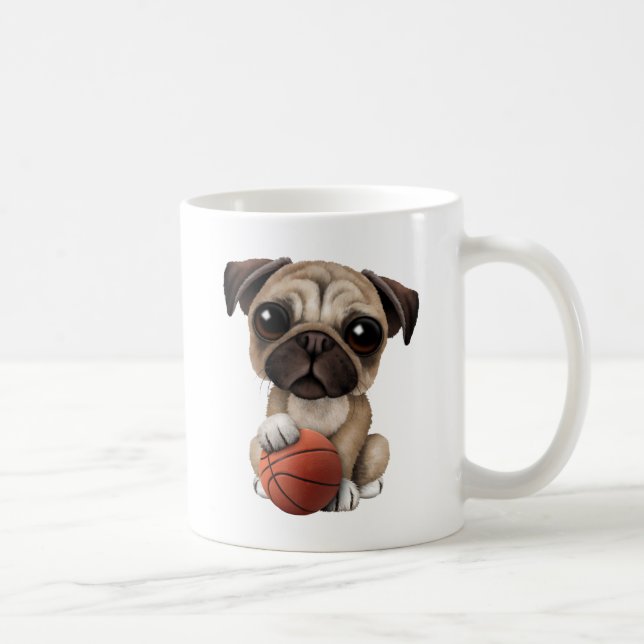 Cute Pug Puppy Dog Playing With Basketball Coffee Mug (Right)