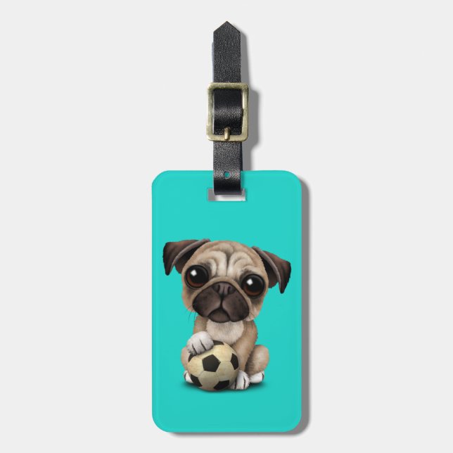 Cute Pug Puppy Dog With Football Soccer Ball Luggage Tag (Front Vertical)