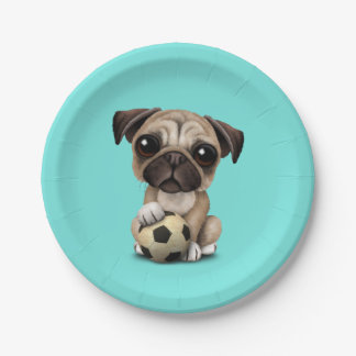 Cute Pug Puppy Dog With Football Soccer Ball Paper Plate
