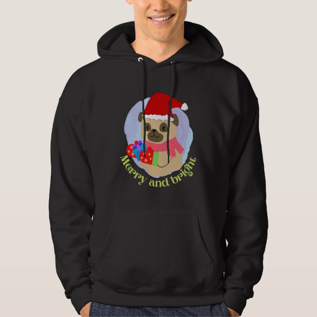 Cute Pug Puppy in Christmas Hat got Christmas Gift Hoodie (Front)