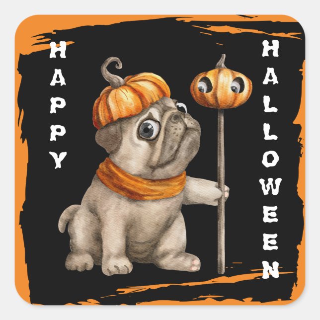 Cute Pug Puppy Kids Halloween Square Sticker (Front)