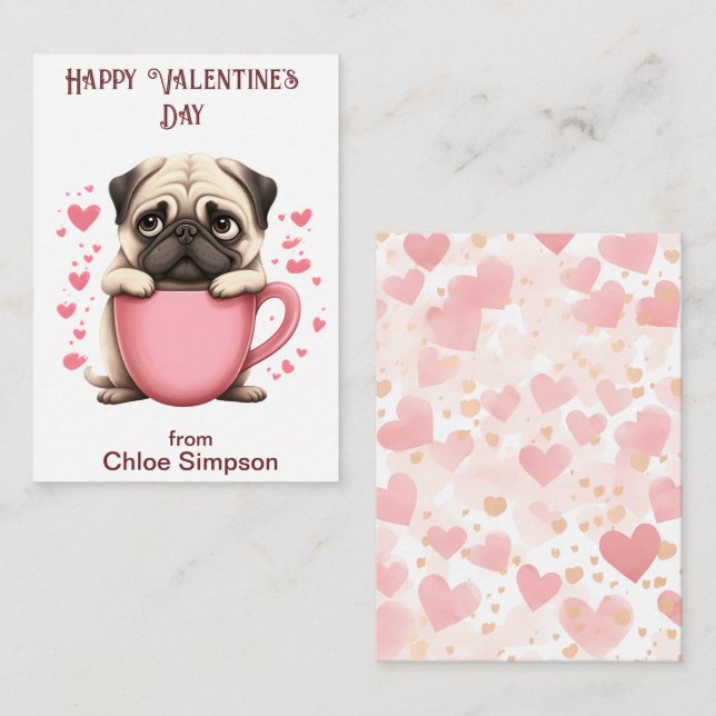 Cute Pug Puppy Kid's Valentine Classroom Party Card (Front/Back)