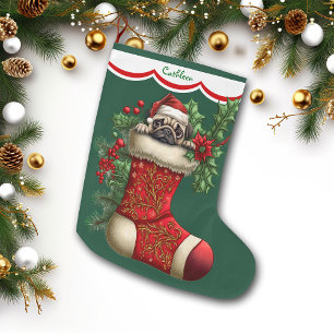 Cute Pug Puppy Peeking Large Christmas Stocking