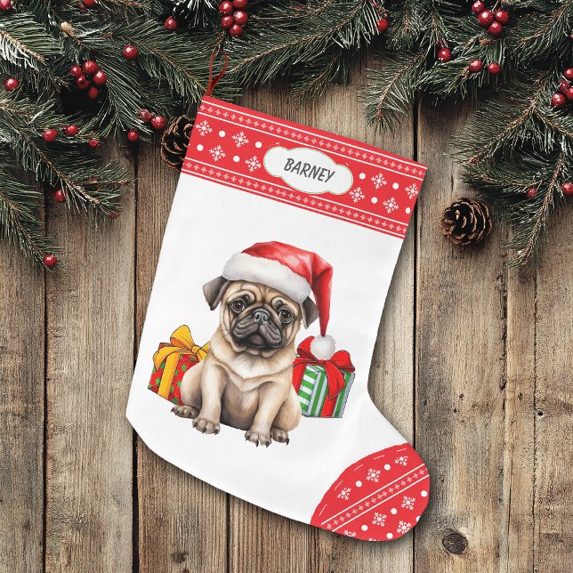 Cute Pug Puppy Santa Hat Snowflake Large Christmas Stocking (Creator Uploaded)
