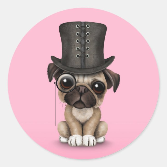 Cute Pug Puppy with Monocle and Top Hat Pink Classic Round Sticker (Front)