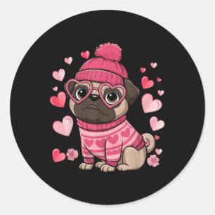 Cute Pug Red Hearts Couples Happy Valentines Day Classic Round Sticker