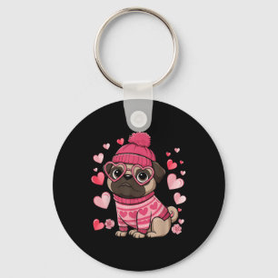 Cute Pug Red Hearts Couples Happy Valentines Day Key Ring