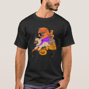 Cute Pug Riding Broom Stick Witch Halloween Costum T-Shirt