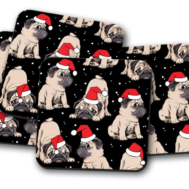 Cute Pug Santa Christmas | Christmas Cork Set Coaster (Creator Uploaded)