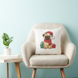 Cute Pug Santa Christmas Gift Illustration Cushion
