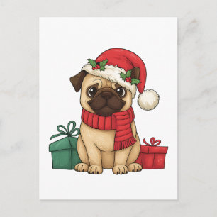 Cute Pug Santa Christmas Gift Illustration Holiday Postcard