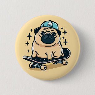 Cute Pug Skate-Boarding 6 Cm Round Badge
