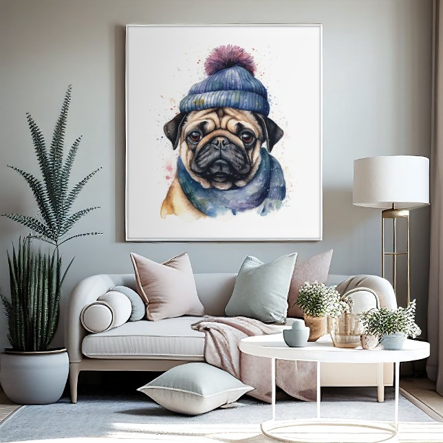 Cute pug wearing beanie and scarf poster (Creator Uploaded)