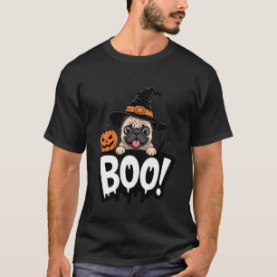 Cute Pug Witch Hat Spooky Pumpkin Halloween Boo! T-Shirt