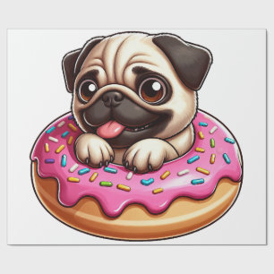 Cute pug with doughnut cartoon dog lover wrapping paper