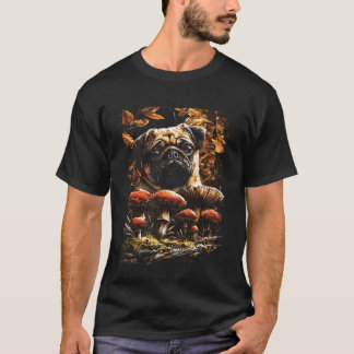 Cute Pug with Fall Leaves Mushrooms Autumn Dog Aes T-Shirt