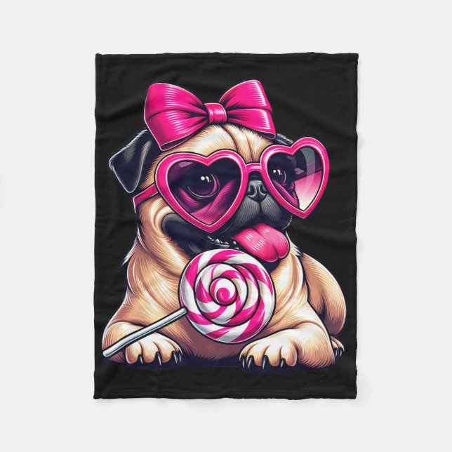 Cute Pug With Heart Sungles Bow Valentine Dog Mom  Fleece Blanket (Front)