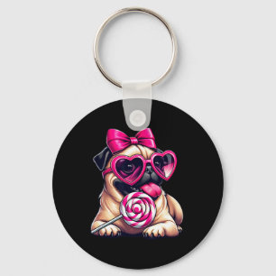 Cute Pug With Heart Sungles Bow Valentine Dog Mom Key Ring