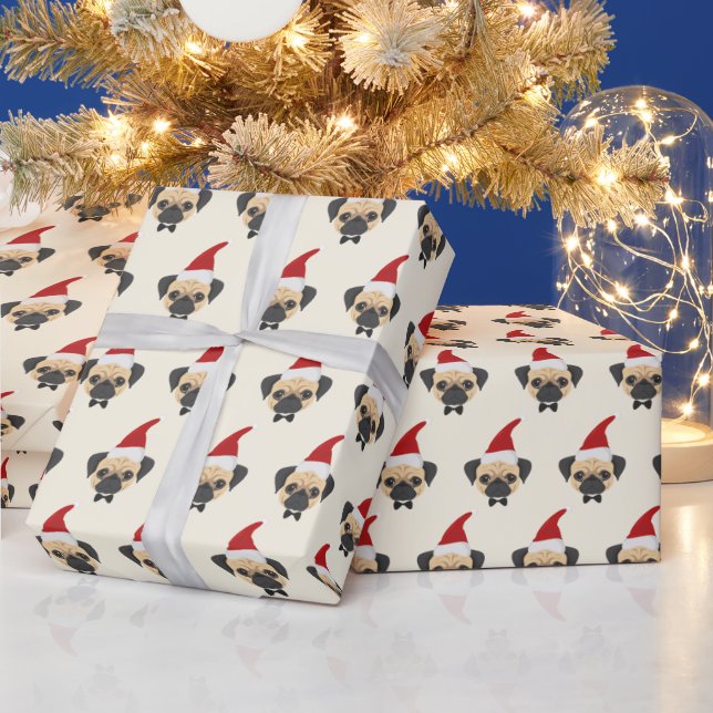 Cute Pug with Santa Hat Pattern Christmas Wrapping Paper (Holidays)