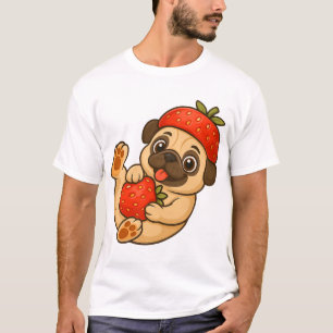 Cute pug with strawberries cartoon sweet fruity T-Shirt
