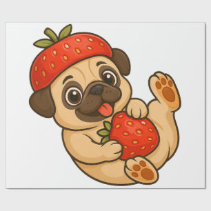 Cute pug with strawberries cartoon sweet fruity wrapping paper