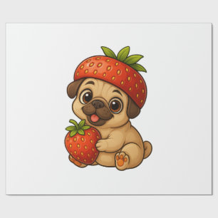 Cute pug with strawberries fruity funny cartoon wrapping paper