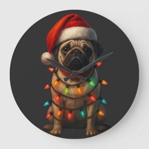 Cute Pug Wrapped in Christmas Lights Wearing Santa Large Clock