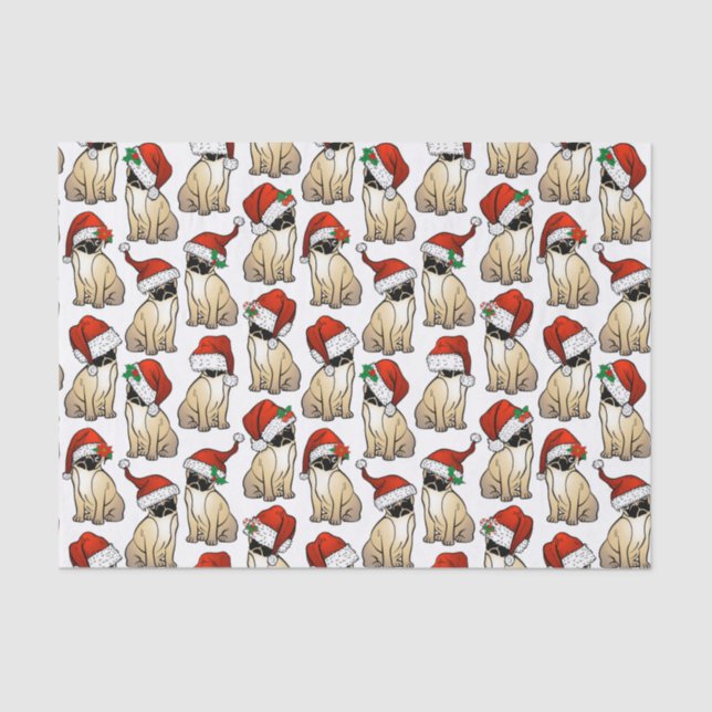 Cute Pugs in Santa Hats Christmas Gift Wrapping Tissue Paper (Front)