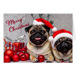 Cute Pugs Merry Christmas Holiday Fun Greeting