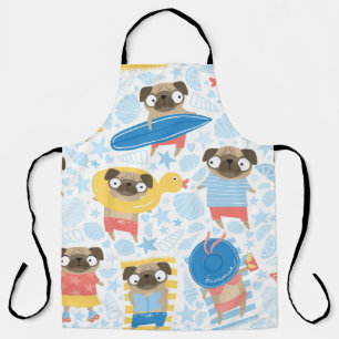 Cute pugs on vacation. pattern with cartoon pug on apron