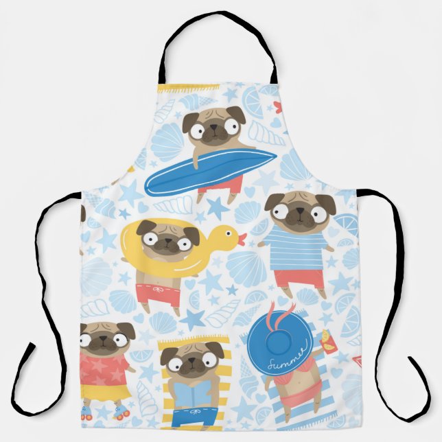 Cute pugs on vacation. pattern with cartoon pug on apron (Front)