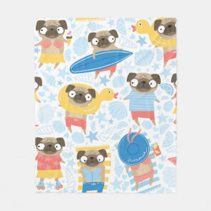 Cute pugs on vacation. pattern with cartoon pug on fleece blanket
