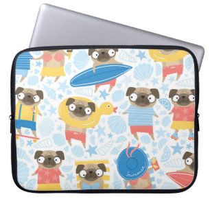 Cute pugs on vacation. pattern with cartoon pug on laptop sleeve