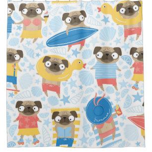 Cute pugs on vacation. pattern with cartoon pug on shower curtain