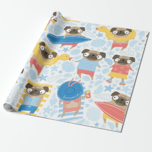 Cute pugs on vacation. pattern with cartoon pug on wrapping paper