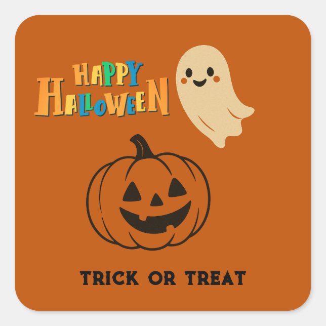 Cute Pumpkin and Friendly Ghost happy halloween Square Sticker (Front)
