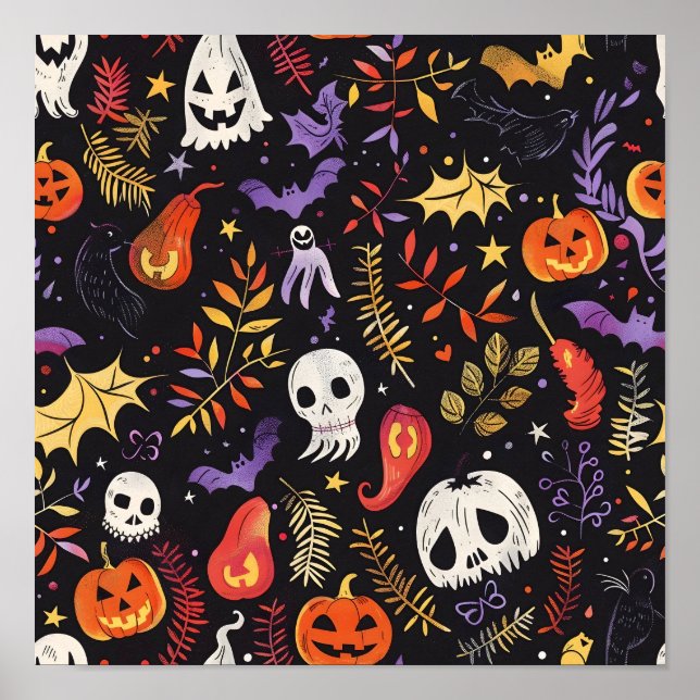 Cute Pumpkin and Skull Pattern Poster (Front)