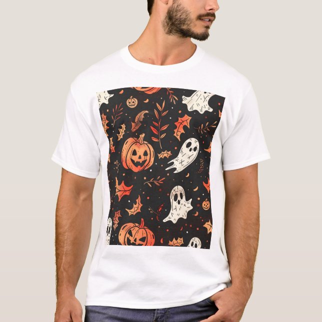 Cute Pumpkin and Skull Pattern T-Shirt (Front)