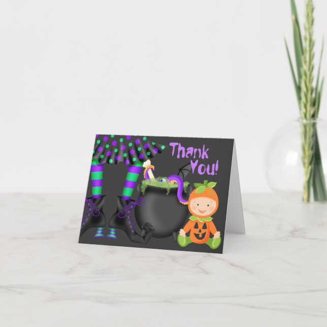 Cute Pumpkin Baby n Witch Legs Halloween Thank You Card (Front)