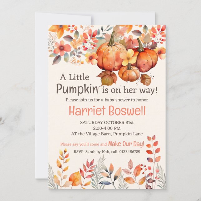 Cute Pumpkin Baby Shower Invitation, EDITABLE Invitation (Front)