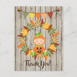 Cute Pumpkin Baby, Wreath of Leaves Fall Thank You Postcard