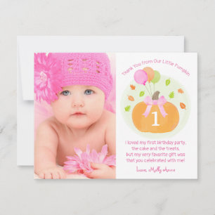 Cute Pumpkin & Balloons Fall 1st Birthday Girl Thank You Card