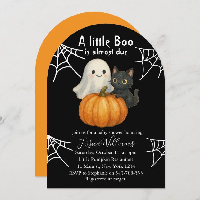 Cute Pumpkin Black Cat Halloween Baby Shower Invitation (Front/Back)