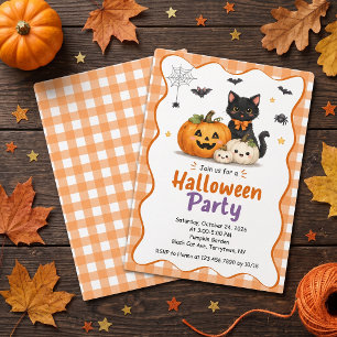 Cute Pumpkin Black Cat Kids Halloween Invitation
