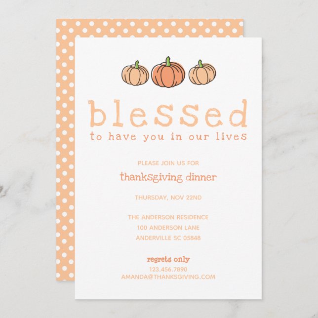 Cute Pumpkin Blessed Polka Dots Thanksgiving Invitation (Front/Back)