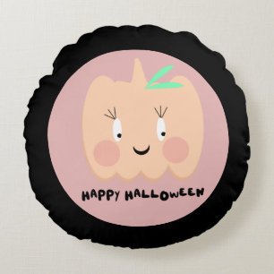 Cute Pumpkin Blushing Lettering Happy Halloween Round Cushion