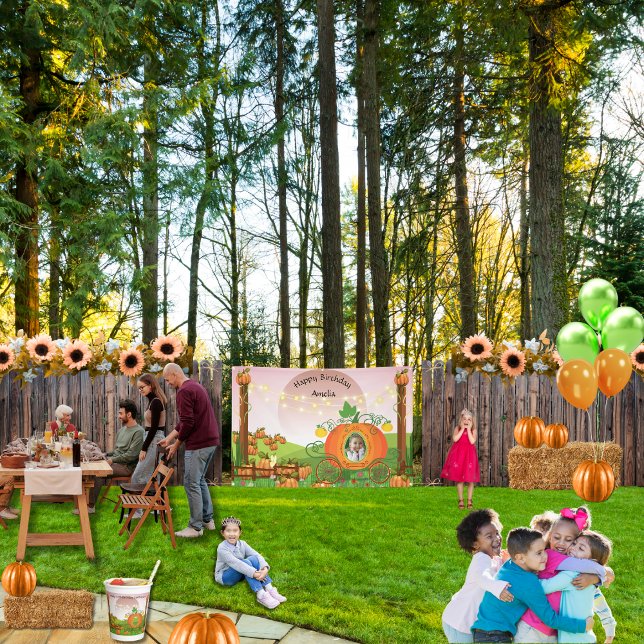 Cute Pumpkin Carriage Girl Birthday Fall Event Banner (Wildflower make-your-own-princess in a pumpkin patch carriage 4' x 6' outdoor birthday banner)