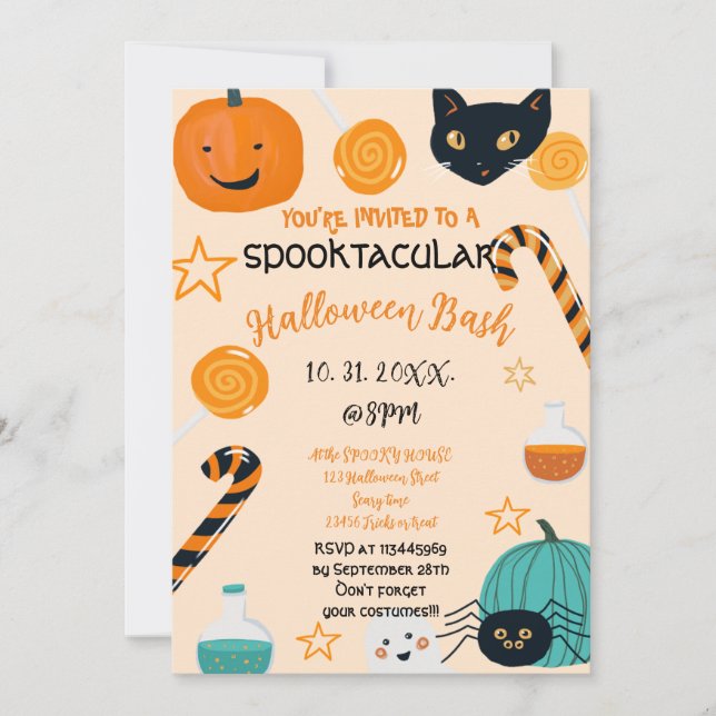 Cute Pumpkin Cat Candy Halloween Bash Custom Pink Invitation (Front)